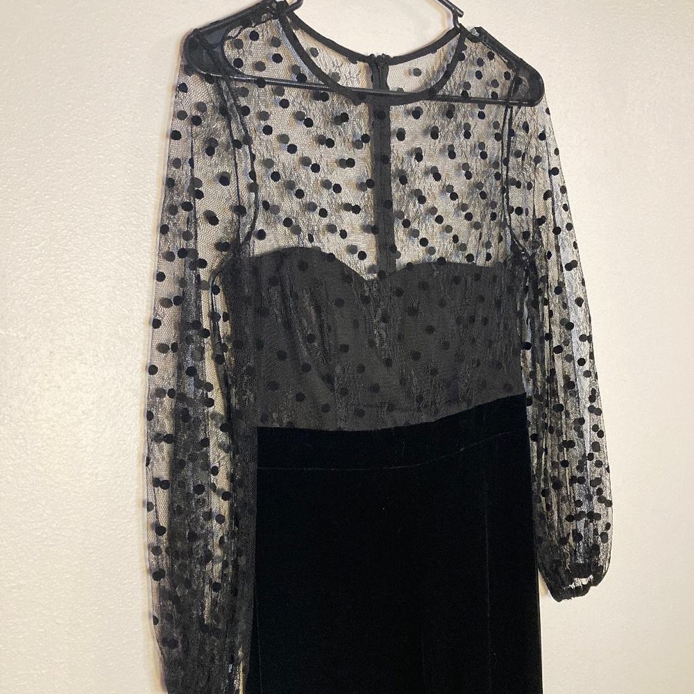 Eliza j sheer flocked dot and mesh long sleeve top velvet bottom jumpsuit